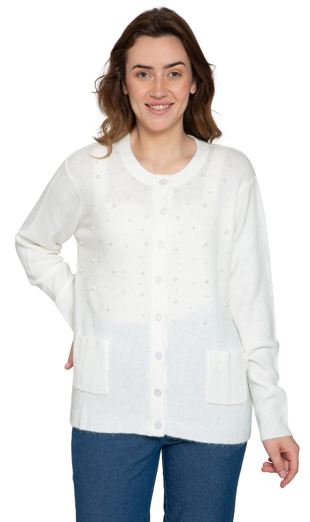 Women's Faux Pearl Button Cardigan — Cashmere-Like Soft Knit