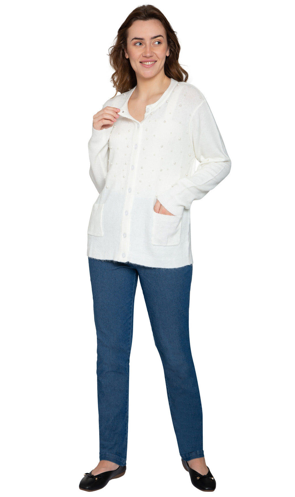 Women's Faux Pearl Button Cardigan — Cashmere-Like Soft Knit
