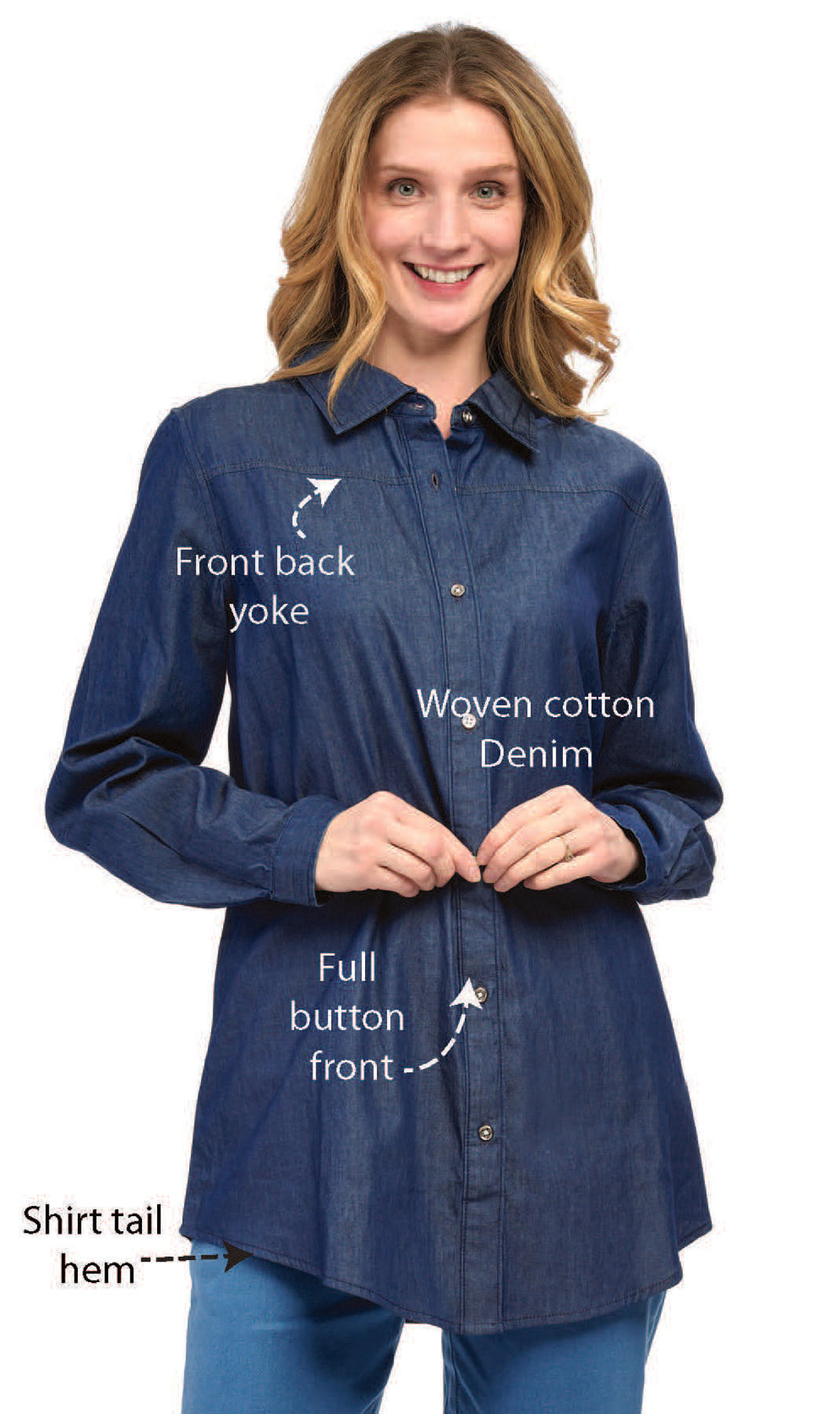 Women's Long Sleeve Denim Tunic Top — Button Front All Season Wear
