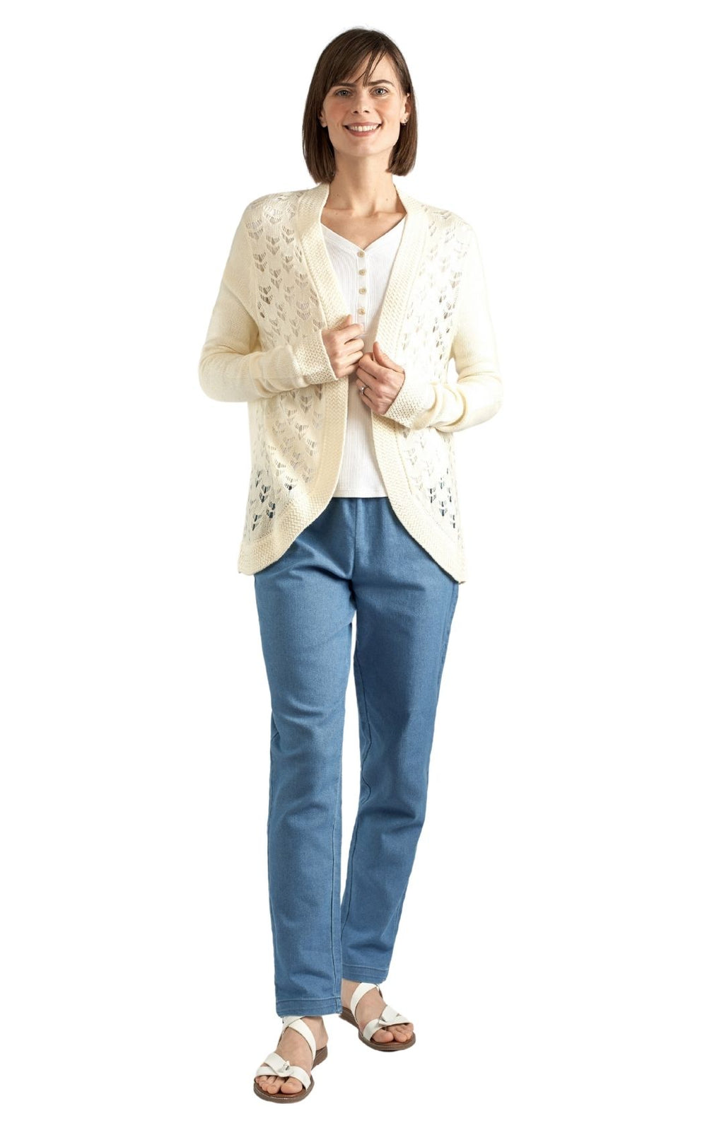 Women's Open Front Pointelle Shrug — Curved Hem Soft Acrylic