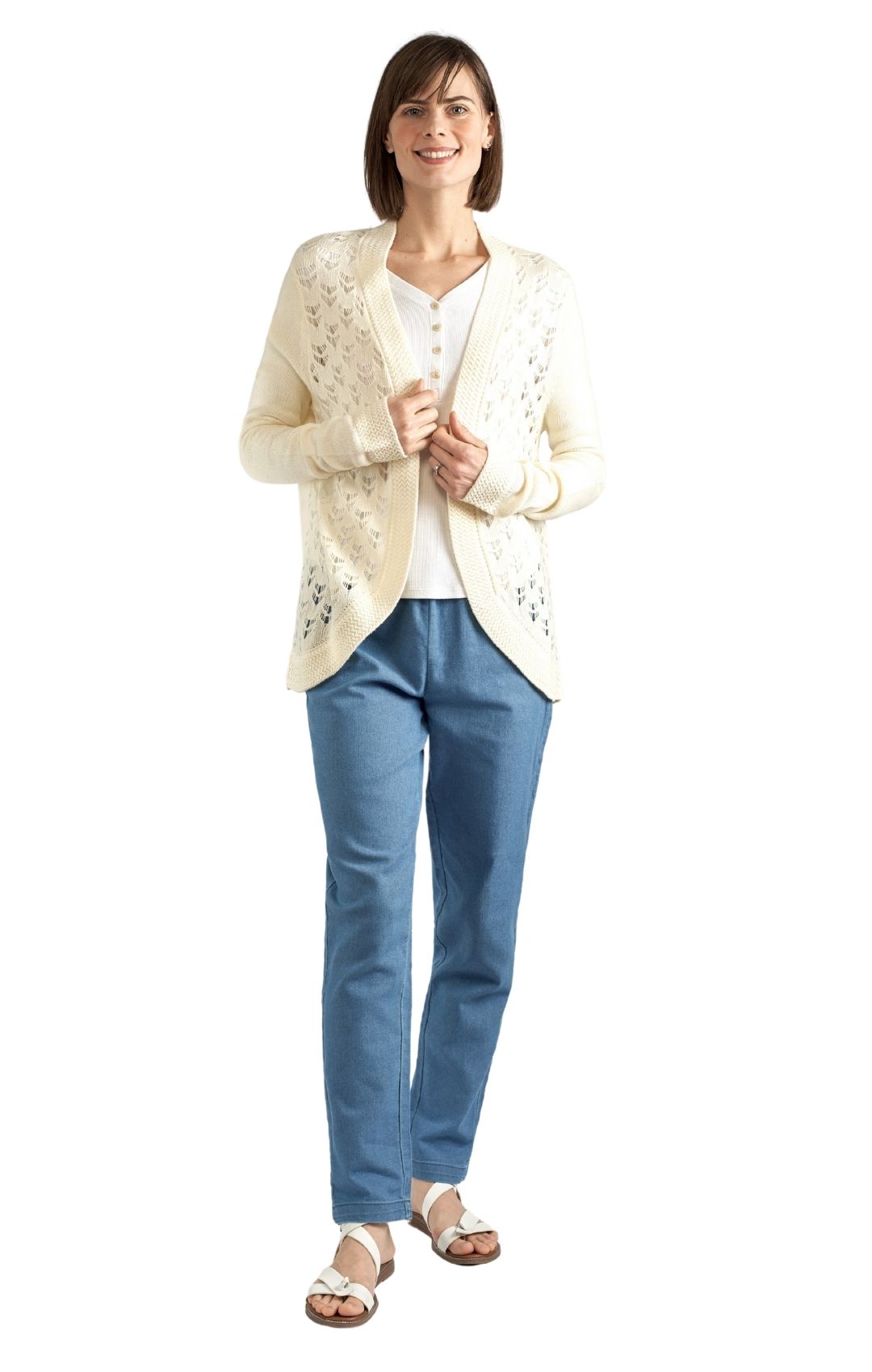 Women's Open Front Pointelle Shrug — Curved Hem Soft Acrylic