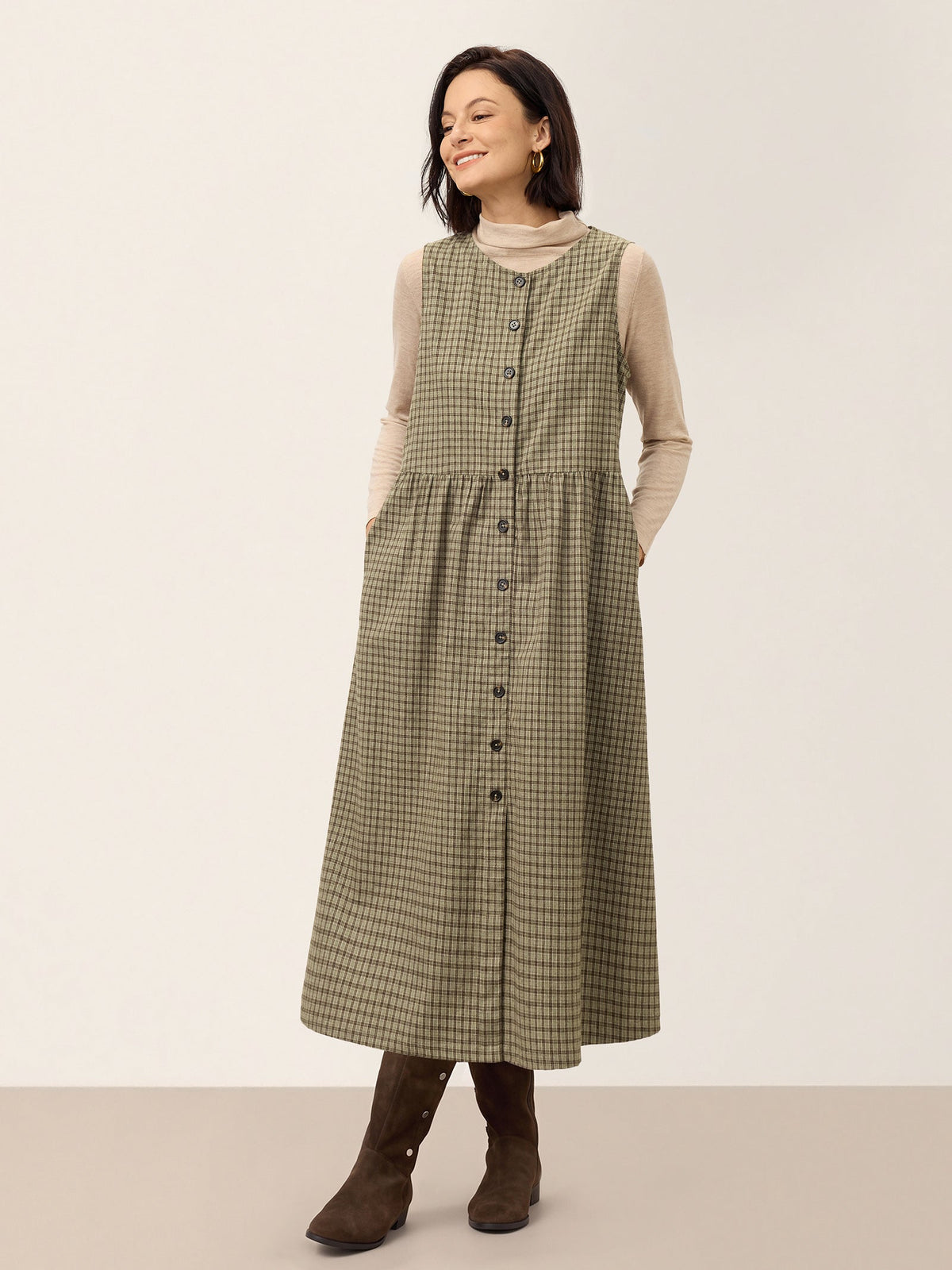 100% Cotton Yarn Dyed Check Gathered Waist Sleeveless Midi Dress CASSARA