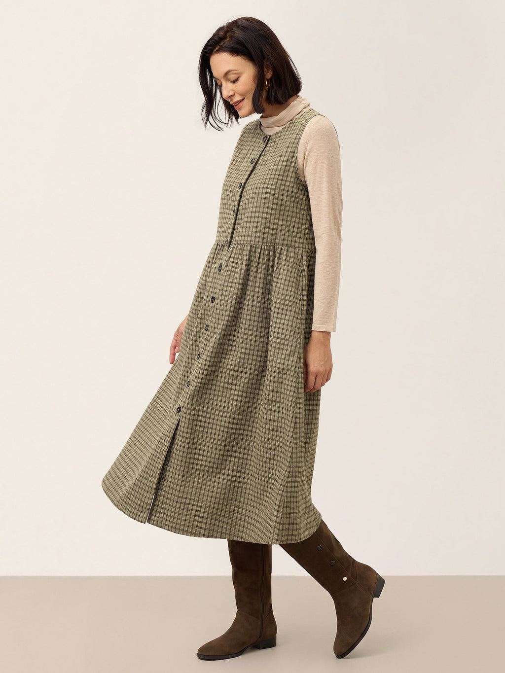 100% Cotton Yarn Dyed Check Gathered Waist Sleeveless Midi Dress CASSARA