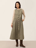 100% Cotton Yarn Dyed Check Gathered Waist Sleeveless Midi Dress CASSARA