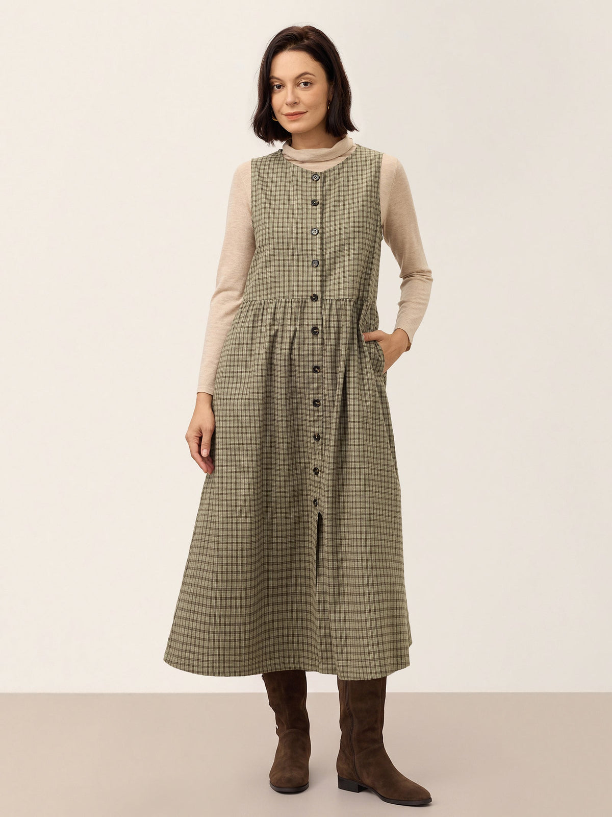 100% Cotton Yarn Dyed Check Gathered Waist Sleeveless Midi Dress CASSARA