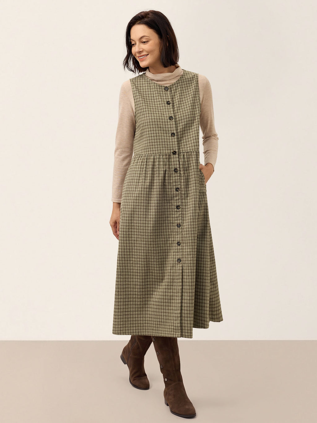 100% Cotton Yarn Dyed Check Gathered Waist Sleeveless Midi Dress CASSARA