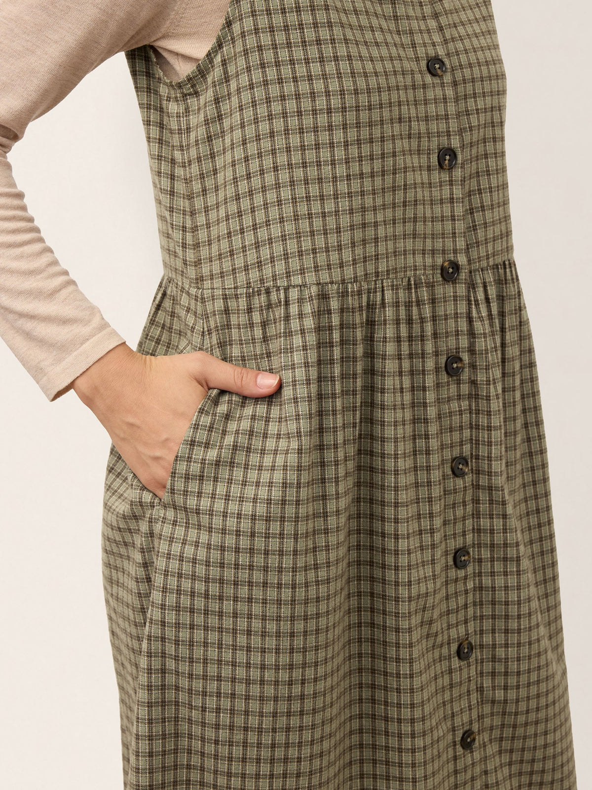 100% Cotton Yarn Dyed Check Gathered Waist Sleeveless Midi Dress CASSARA