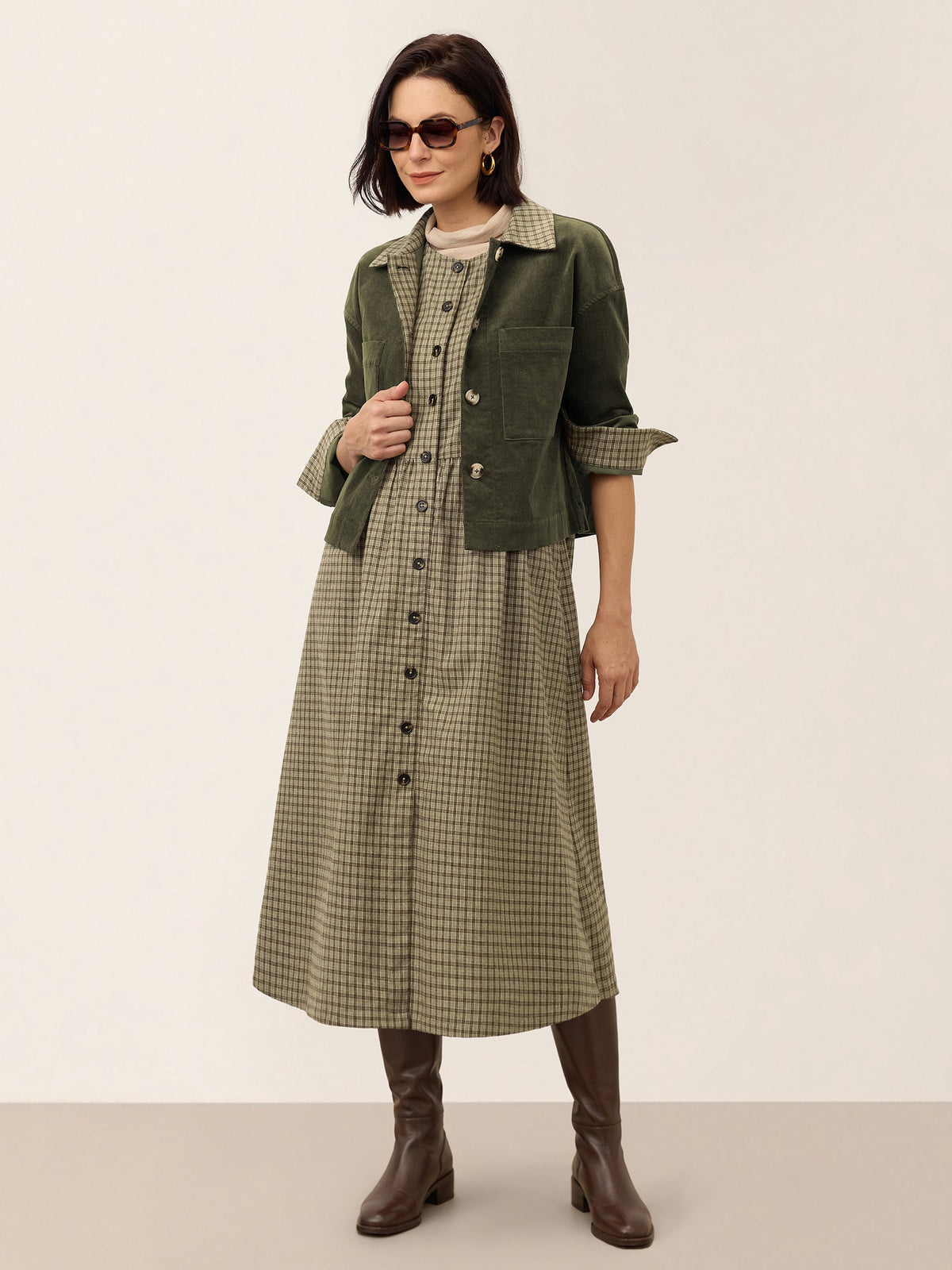 100% Cotton Yarn Dyed Check Gathered Waist Sleeveless Midi Dress CASSARA