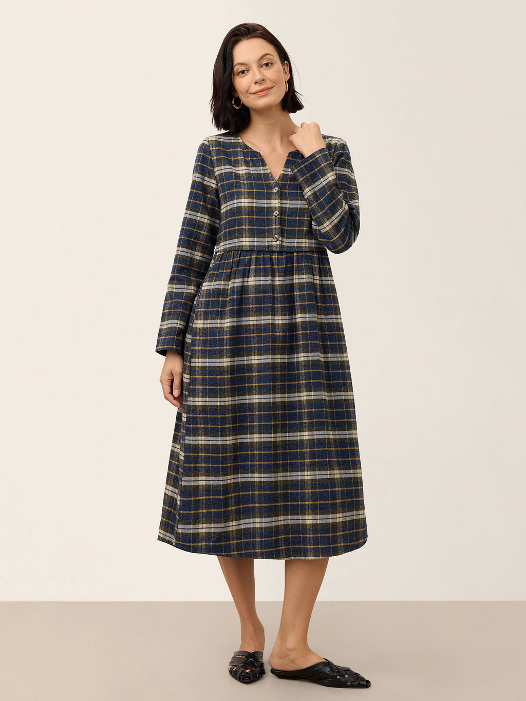 100% Cotton Yarn Dyed Check Split Neck Gathered Waist Midi Dress VIONA