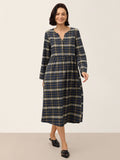 100% Cotton Yarn Dyed Check Split Neck Gathered Waist Midi Dress VIONA