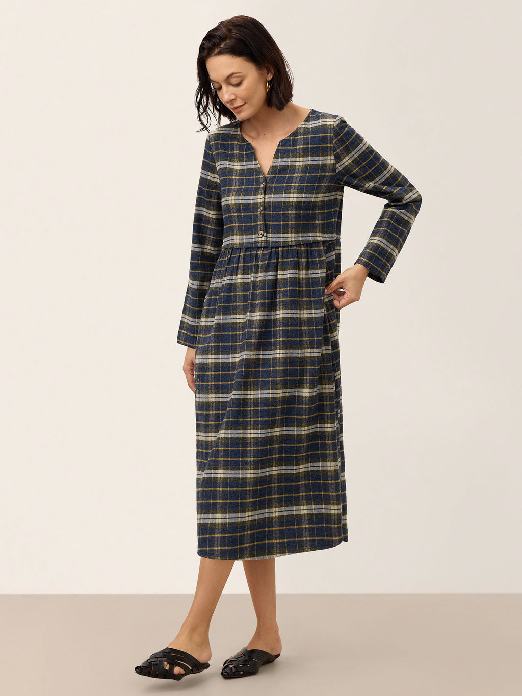 100% Cotton Yarn Dyed Check Split Neck Gathered Waist Midi Dress VIONA