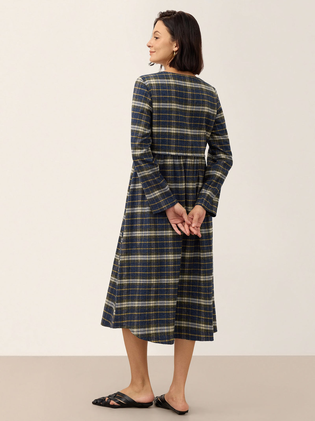 100% Cotton Yarn Dyed Check Split Neck Gathered Waist Midi Dress VIONA