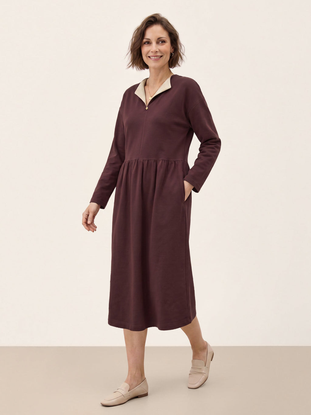 Cotton Yarn Dyed Color Block Gathered Waist Midi Shirt Dress YARITZA