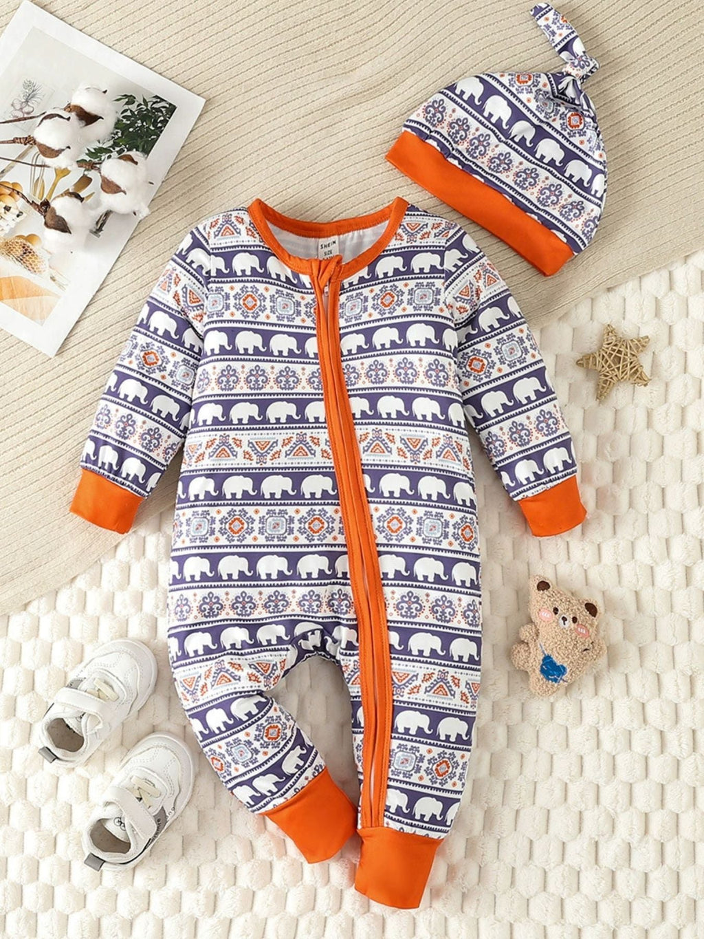 Children's Elephant Print Jumpsuit & Hat Set