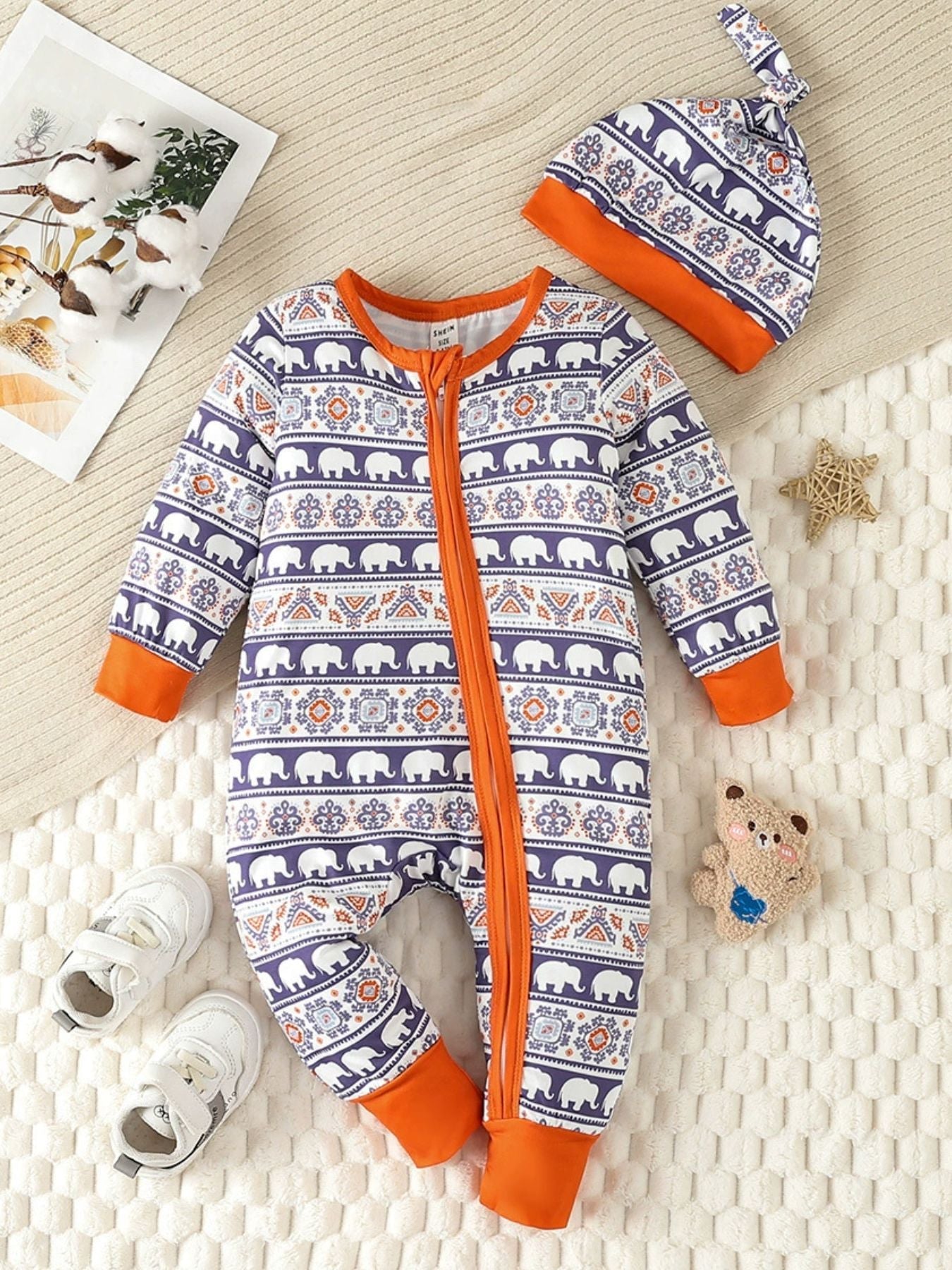 Children's Elephant Print Jumpsuit & Hat Set
