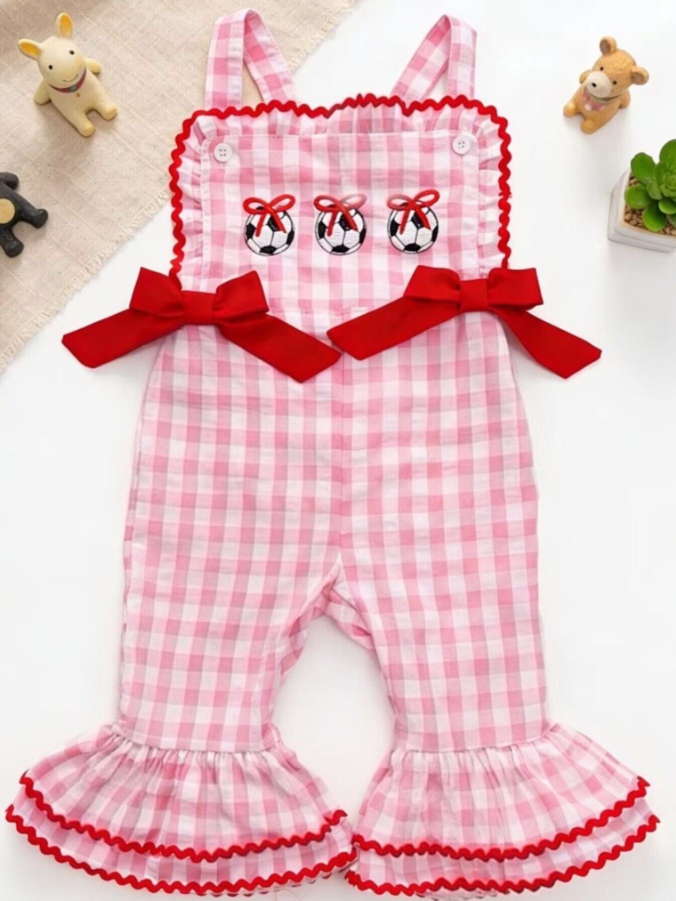 Children's Gingham Soccer Ball Embroidered Ruffle Hem Jumpsuit