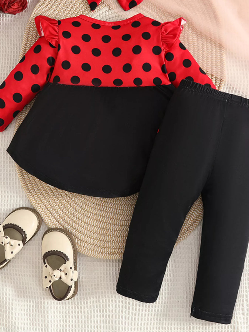 Children's Ladybug Print Ruffle Trim Top and Pants Set
