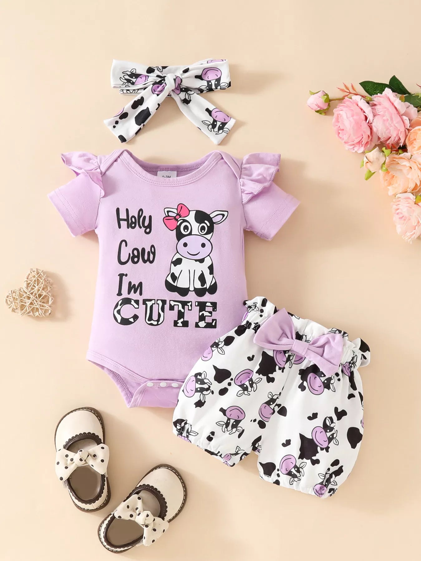 Children's Ruffled Cow Bodysuit and Shorts Set with Headband