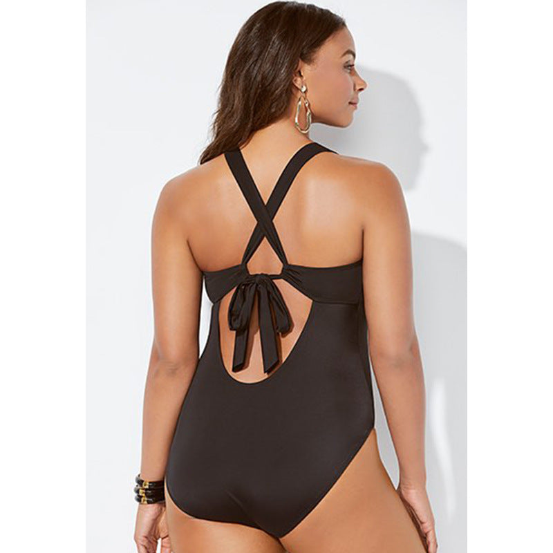Plus Size V-Neck Solid Color One-Piece Swimsuit