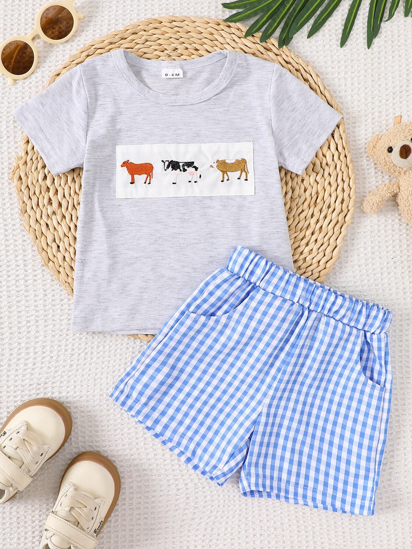 Children's Animal Embroidered Tee and Shorts Set