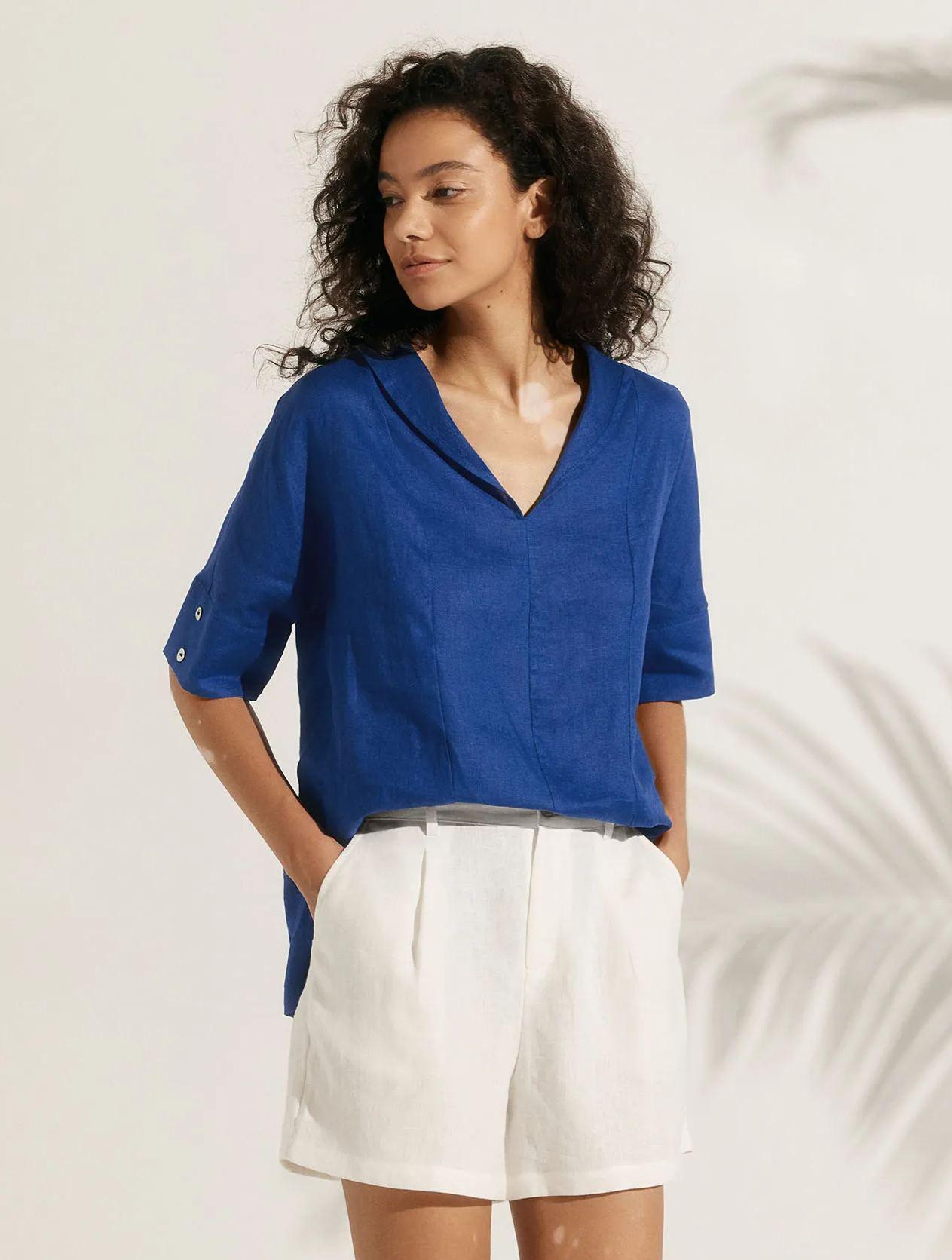 Linen V Neck Short Sleeve Shirt PENNY