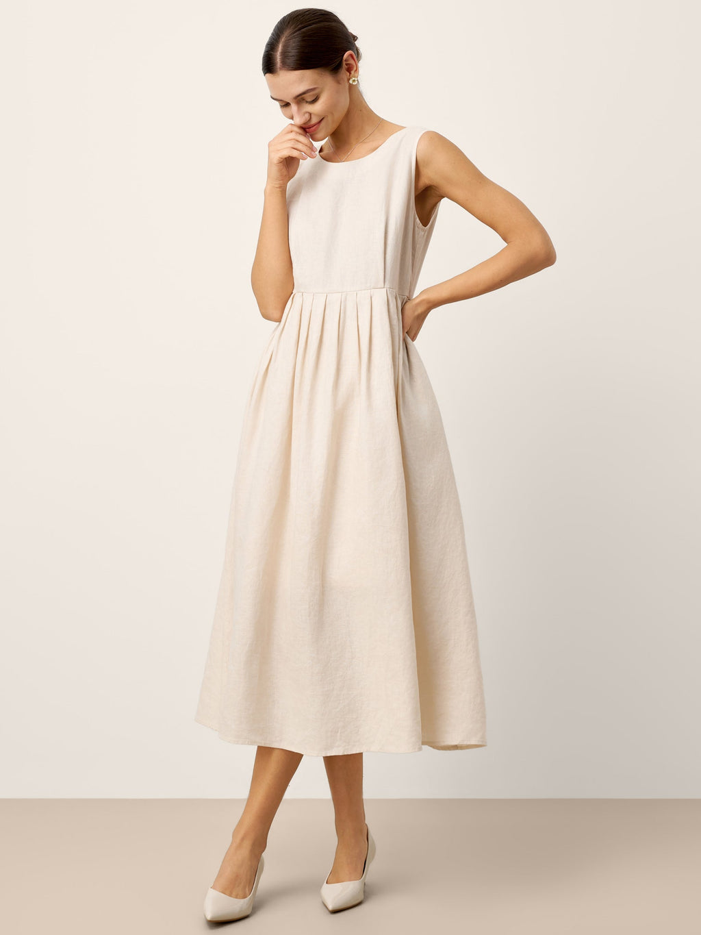 100% Linen Sleeveless Crew Neck Waist Pleated Maxi Dress SELENE