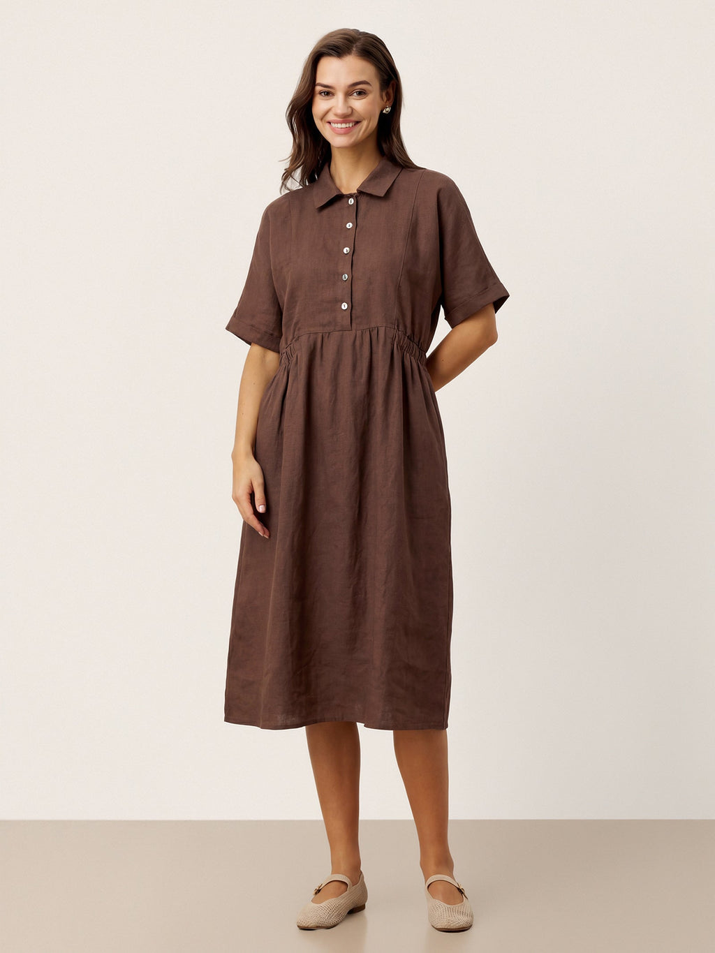 Vestido camisero midi CASSANDRA de lino 100% a rayas con botones y manga corta