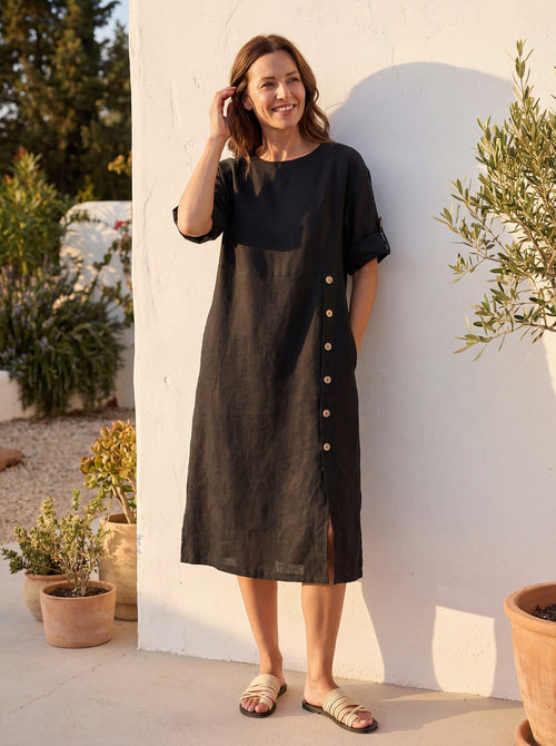 Vestido midi JELENA 100% lino con cuello redondo y detalle de botones