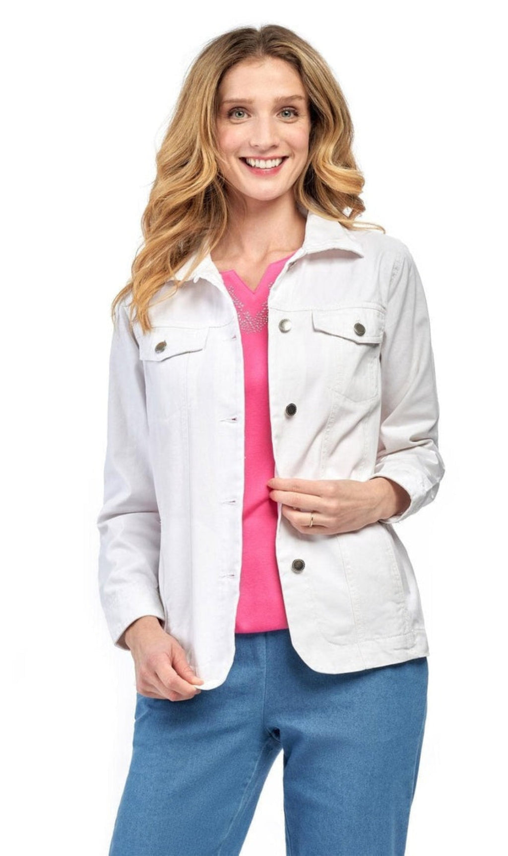 Women's Button Front Brushed Twill Jacket with Collar and Patch Pockets
