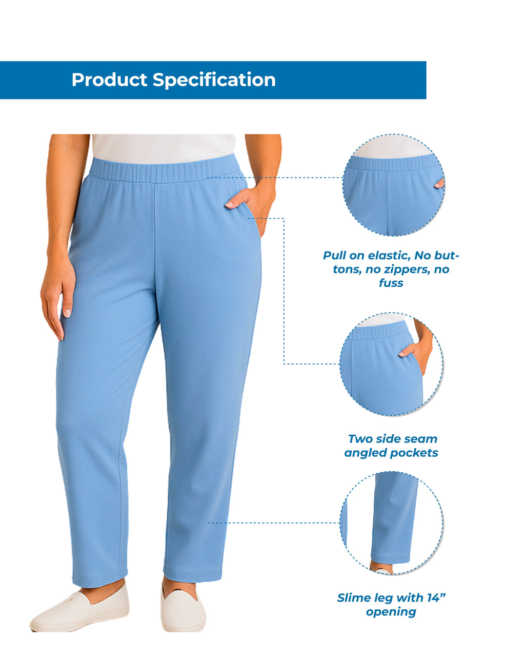 Women's Pull-On Flat Front Knit Pants — Cotton Blend Elastic Waist