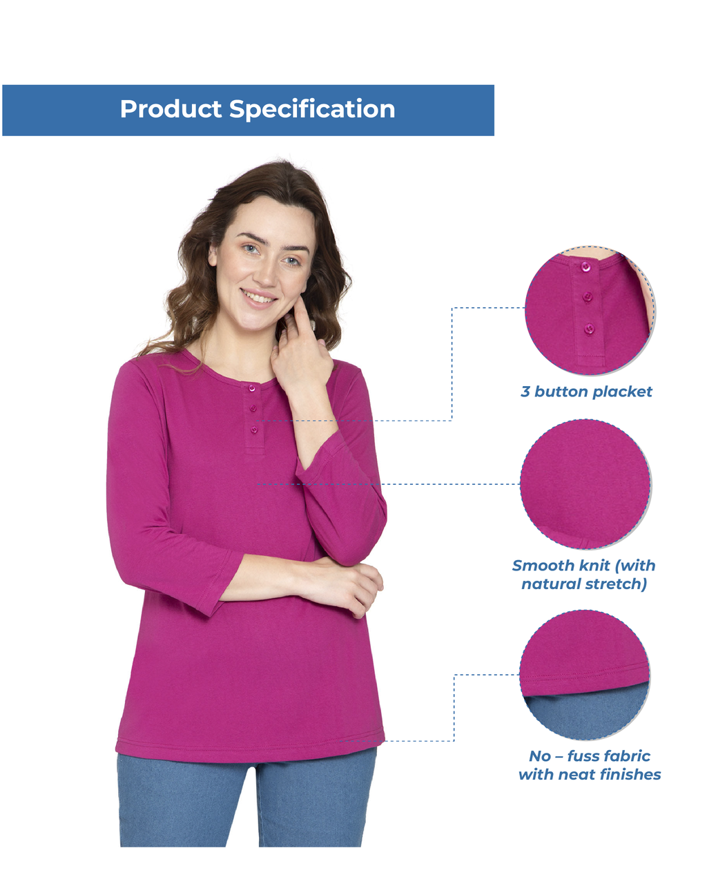 Women's 3/4 Sleeve Henley Top — Cotton Blend with Button Placket