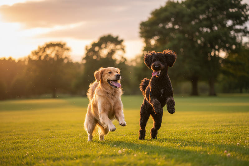 Two dogs mid-leap